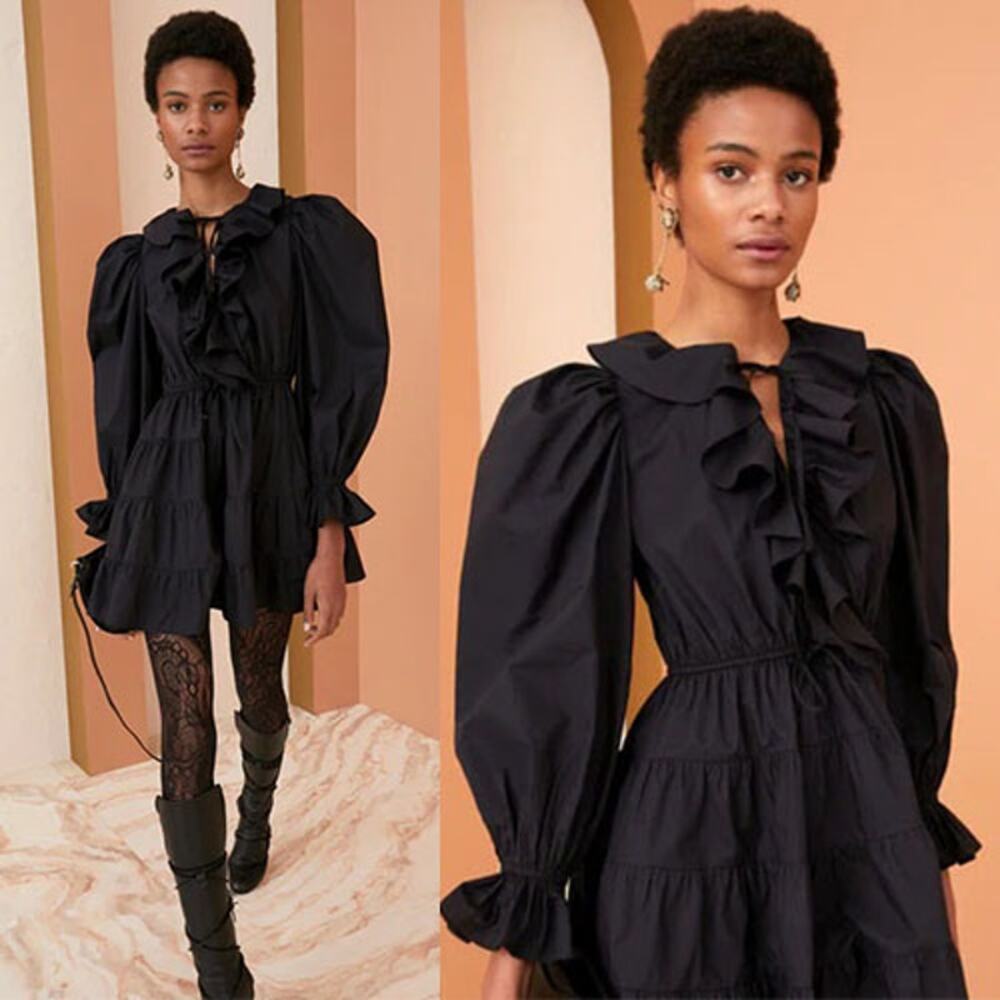 NEW Ulla Johnson Caris Ruffle Long Sleeve Cotton Black Minidress  Size: 10